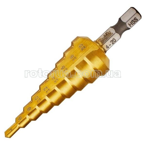 Сверло по металлу ступенчатое Makita HSS-TiN 4-20 мм 9 ступеней фото 1 &mdash; rotorua.com.ua