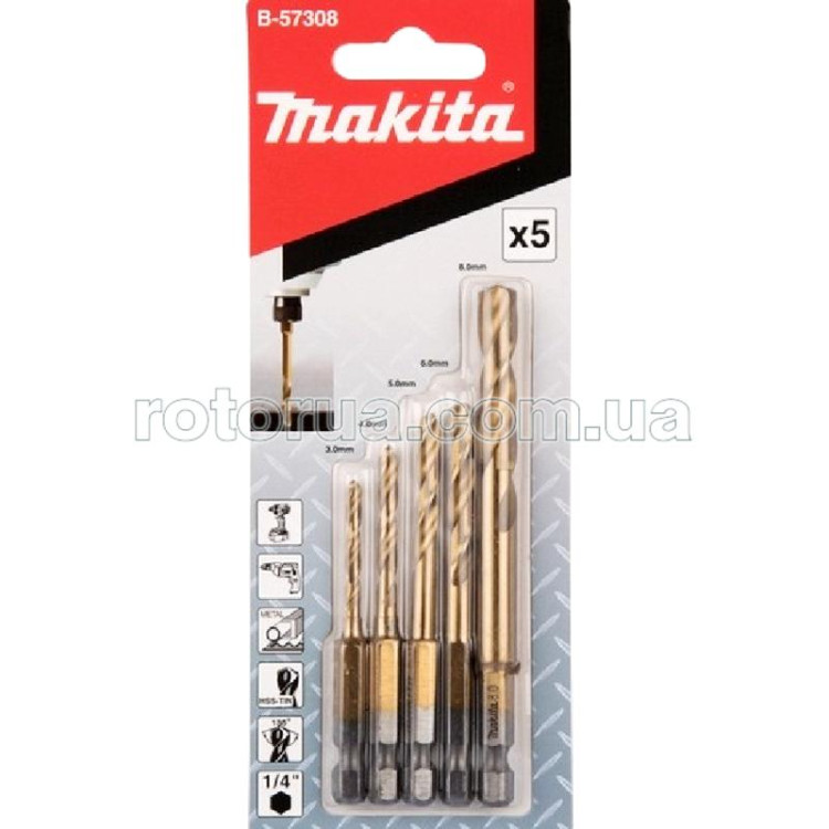 Набір свердел 1/4" по металу HSS-TiN Makita 3-8 мм 5 шт &mdash; rotorua.com.ua
